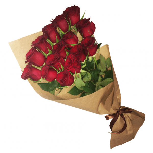 Каскадный букет из 15 красных роз в крафт бумаге купить в Новосибирске с бесплатной доставкой недорого оптом и в розницу в интернет-магазине «Росинка»